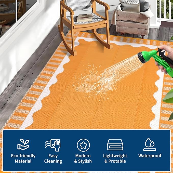 Garvee Large Waterproof Outdoor Rug 9x12 Outdoor Patio Rug, Modern Scalloped Reversible Plastic Straw Camping Rugs, Bordered Outside Carpet for Picnic Backyard Deck Balcony Trailer, Orange