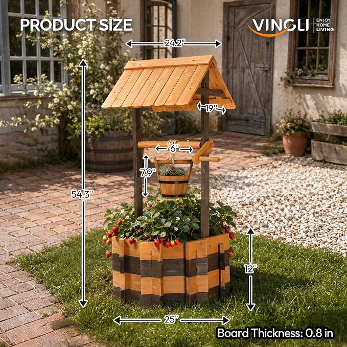 VINGLI Wooden Wishing Well Outdoor Planters, Well Covers for Yard with 4 Reinforced Rods, Height Adjustable Hanging Bucket, Rustic Flower Pot Decor for Outside Patio Garden (Two-Tone, 25" Width)