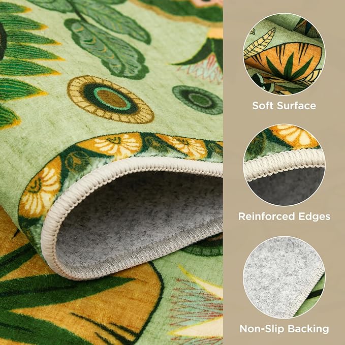 Joydeco Egypt Floral Washable Sage Green Living Room Bedroom Area Rug 6x9 | Boho Botanical Colorful Vintage Aesthetic Non Slip Flower Indoor Throw Carpet for Dining Room Office Guest Room Playroom Dorm