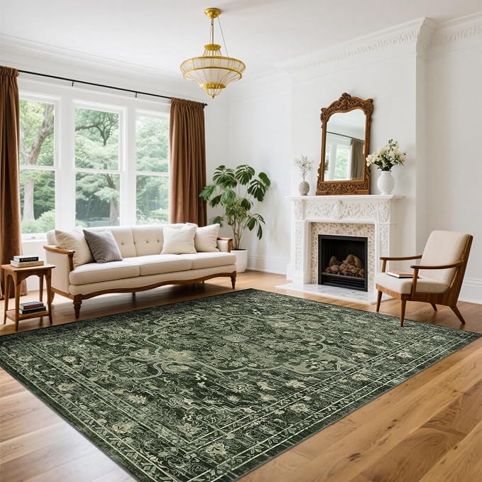 U'Artlines Boho Vintage Area Rug 8x10 Machine Washable Carpet, Dark Green | Low Pile, Non Slip, Ultra-Thin Soft Floor Carpet, Accent Rug for Living Room Bedroom Dining Room Office