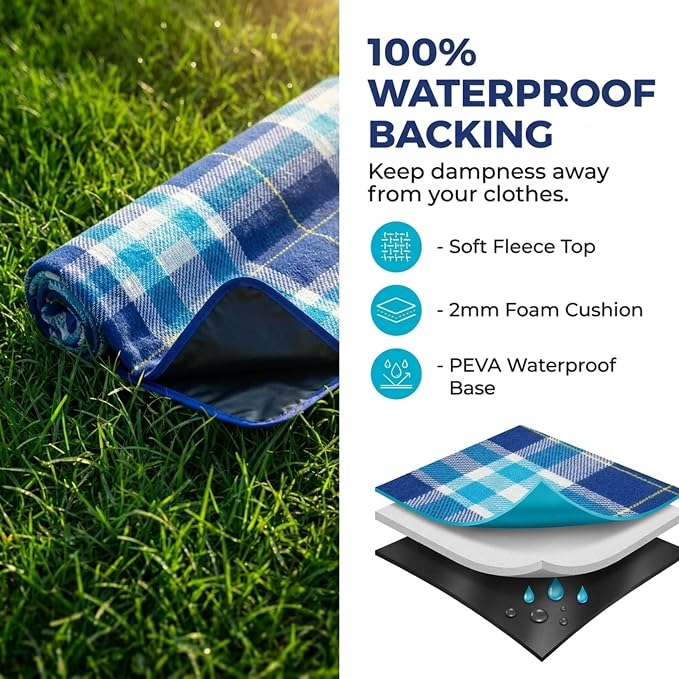 Outdoor Picnic Blanket Water-Resistant Backing, Soft Fleece Beach Mat,Camping Rug (Blue)