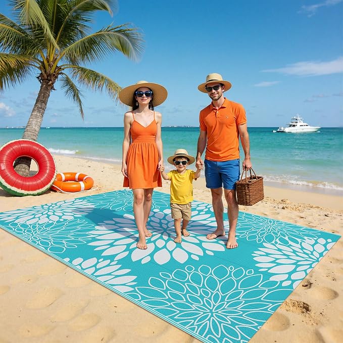 Ileading Waterproof Outdoor Rug 5x8, Reversible Plastic Straw Patio Rug, Portable Indoor Outdoor RV Camping Mat Carpet for Deck, Porch, Balcony, Backyard, Picnic, Floral Teal