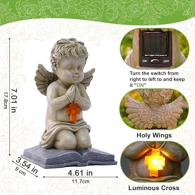 Solar Cherub Statue for Outside - Angel with Glowing LED Cross Light | Guardian Angel for Cemetery, Yard, Pathway, Lawn Decor, Memorial Gardens Gifts