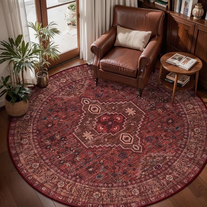 Tangsoo Red Round Washable Rugs 4ft, Oriental Non Slip Small Circle Rug | Boho Low Pile Circular Rugs, Vintage 4x4 Round Area Rug for Living Room Bedroom Entryway Nursery Office Dark Red Home Decor