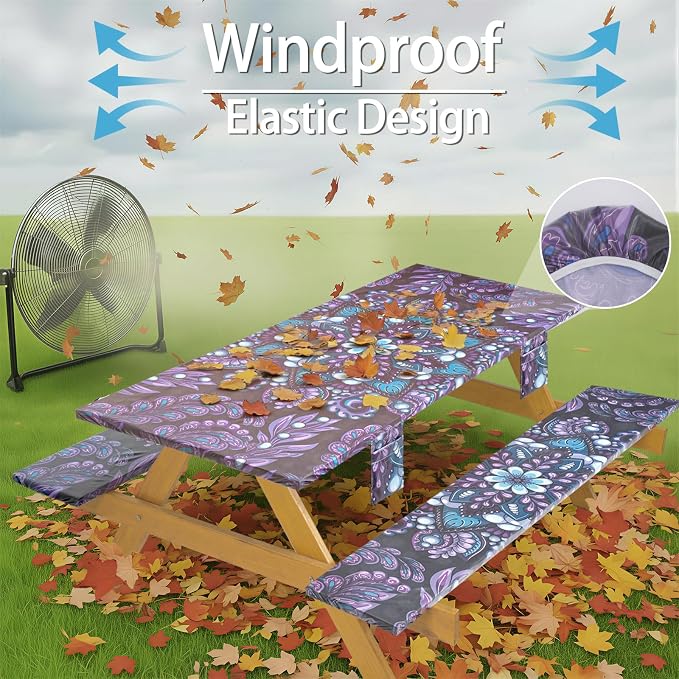 Fitted Waterproof Picnic Table Cover with Bench Covers Elastic Reusable Camping Table Cloths for 8Ft Rectangle Tables Summer Camp Motorhome Party Gear Outdoors Car Travel Trailer Gadgets Gift