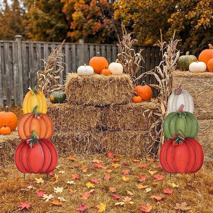 PHITRIC Fall Decorations Outdoor, 34" 2PCS Decorative Garden Stakes with 6 Pumpkins for Fall Decor, Metal Yard Signs for Home Outside Garden Yard Lawn Patio, Thanksgiving Decorations