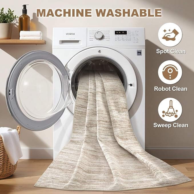 Nakagishi 10x14 Area Rugs Living Room: Washable Large Vintage Rug Neutral Non-Slip Soft Stain Resistant Indoor Carpet for Bedroom Nursery Dining Room Office Playroom - Brown-01