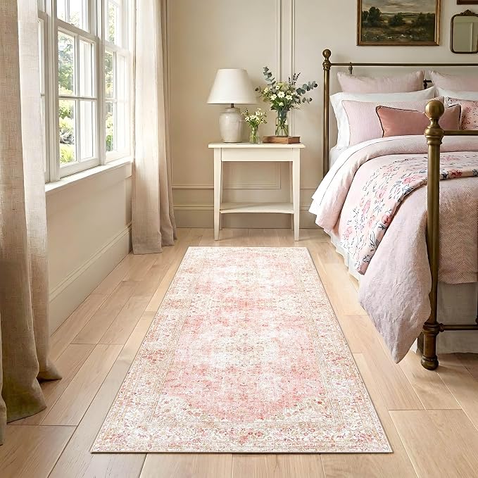 Latte&Fog Washable Hallway Runner Rug 2x6 Non Slip Pink Rugs for Kitchen | Low Pile Soft Cute Throw Rug Doormat for Entrance Bathroom Laundry Bedside Bedroom Nursery Playroom Hallyway Dorm Office