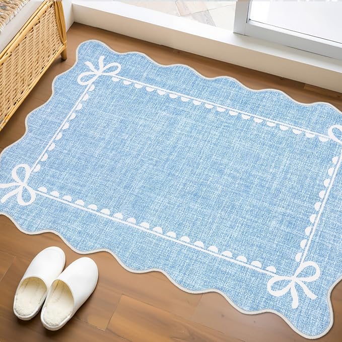 GarveeHome Scalloped Entryway Rug 2x3 Washable Front Door Bow Rug, Blue | Non Slip Soft Low Pile Ultra-Thin Stain Resistant Indoor Carpet for Girls Dorm Nursery Bedroom Decor Hallway Kitchen Floor