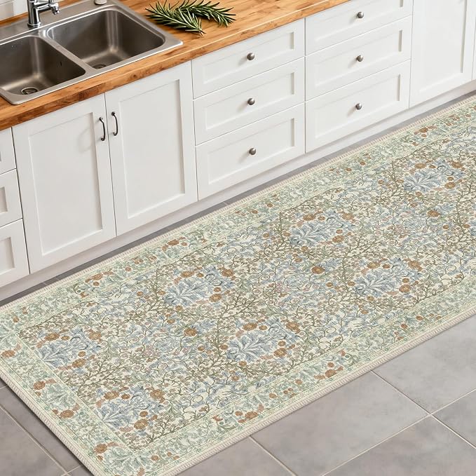 Washable 2' x 6' Runners for Hallways, Non Slip Long Floor Runner for Kitchen, Entryway Indoor, Stain Resistant Rubber Backing Floral Decor Rug (Beige Blue)