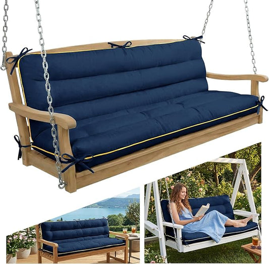 60×40 INCH Outdoor Swing Cushion with Backrest, Tie Straps & Memory Foam - Replacement for Porch Bench 2/3 Seater, Oxford Fabric (Blue, 60 INCH × 40 INCH)