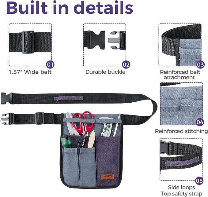 Garden Tool Belt for Women & Men, Slim Denim Garden Apron with 4 Pockets, Lightweight Adjustable Tool Pouch for Gardening, Florist, DIY & Craft, Purple