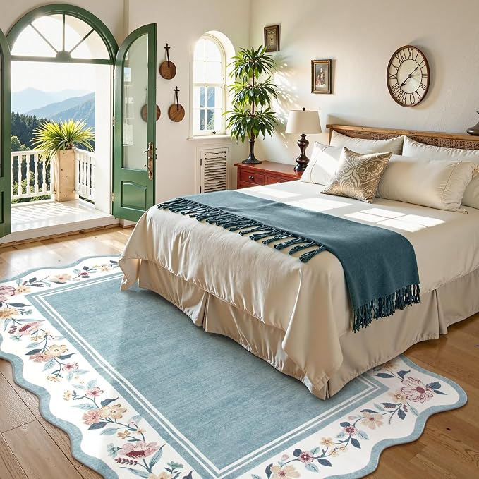 Lahome Floral Area Rug 5x7 for Living Room, Washable Blue Scalloped Rug | Soft Low Pile Large Rugs for Bedroom, Farmhouse, Dining Room, Kids, Ariele