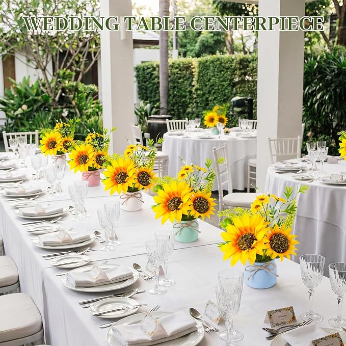 Zeyune 8 Pcs Sunflower Potted Plants Rustic Summer Spring Kitchen Wedding Table Centerpieces Silk Yellow Fake Flower with Plastic Pot for Home Bathroom Office (4 Colors,Sunflower)
