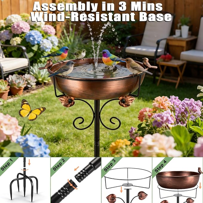 Bird Bath for Outside, 27.6" H Standing Bird Feeder Bowl with 11.8" Wide Basin, 1-Tier Metal & Copper Garden Bird Bath and Feeder for Yard Patio Backyard Lawn Flower Bed Outdoor Garden Decor