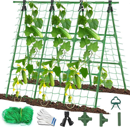 A-Frame Cucumber Trellis for Raised Bed - 47 x 47in, Heavy-Duty Detachable Garden Trellis with Netting & Clips, Support for Climbing Outdoor Cucumber, Tomatoes, Luffa, Bitter Melon, Vining Flowers