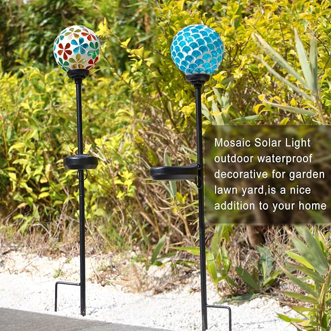 VCUTEKA Decorative Solar Garden Lights, 3.5" Mosaic Globe Stake 2 Pack | Mosaic Glass Design, Solar LED Light, Weather Resistant, Auto On/Off and Metal Stake Design for Lawn and Patio