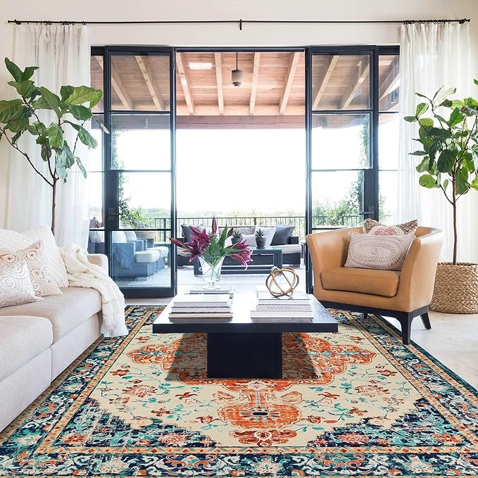 U'Artlines Boho Vintage Area Rug 8x10 Machine Washable Carpet,Orange/Multi | Low Pile, Non Slip, Ultra-Thin Soft Floor Carpet, Accent Rug for Living Room Bedroom Entryway Dining Room Office