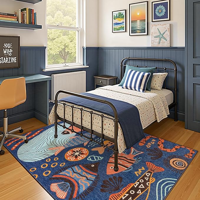 jinchan 5x7 Coastal Area Rug Kids Washable Fun Rug Colorful Ocean Fish Indoor Floor Cover Non Slip Lightweight Soft Cozy Carpet for Bedroom Nursery Playroom Daycare Living Room, Blue
