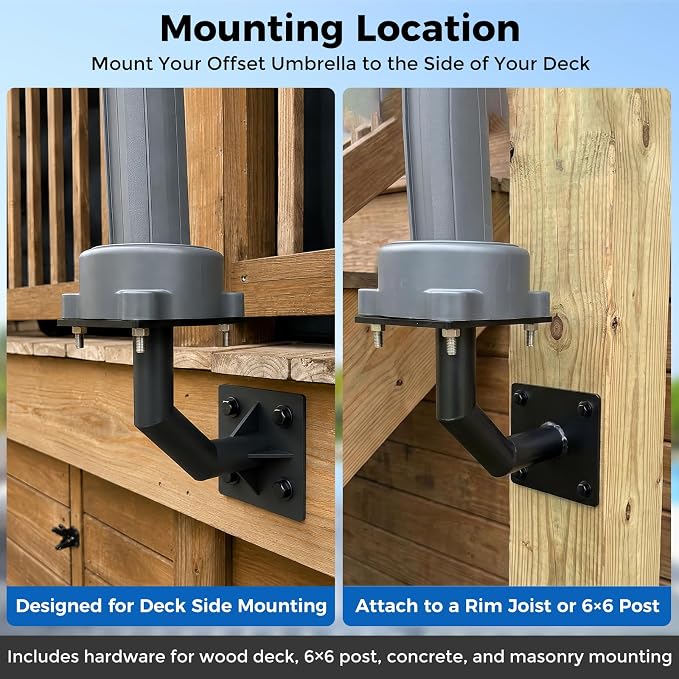 333'S Heavy Duty Deck Mounted Cantilever Umbrella Bracket System | Steel Side Mount for Purple Leaf Umbrella, Fits 6x6 Post or Rim Joist Outdoor Shade Installation