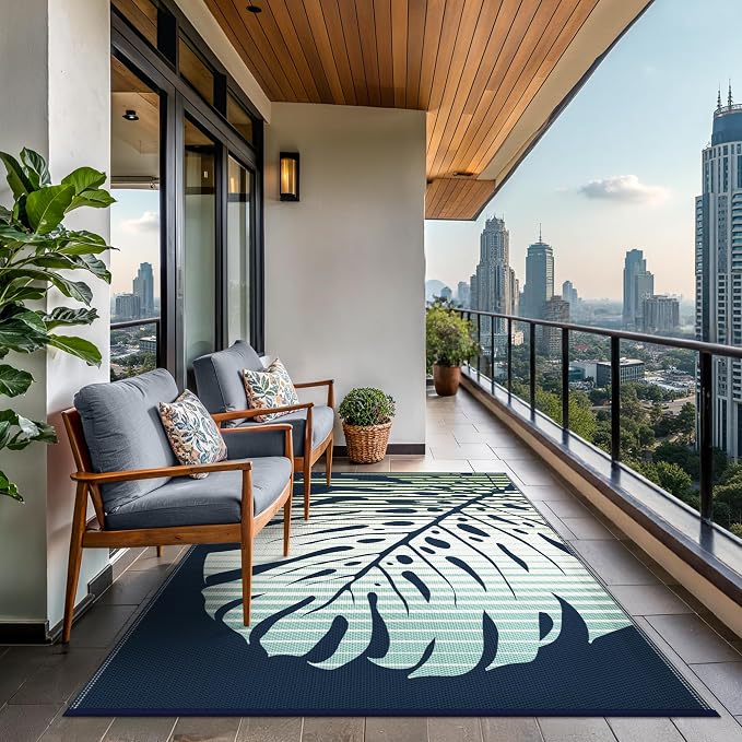 GENIMO Outdoor Rug 6' x 9' Waterproof for Patio Clearance, Reversible Plastic Straw Camping Mat, Lightweight Carpet for Rv, Camper, Deck, Porch, Picnic, Balcony, Beach, J.Blue & Green