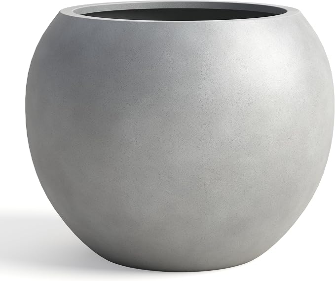 DTY Premium Mt Sherman Fiberstone Sphere Planter for Indoor Outdoor Use, Round Pot for Olive Tree, Lightweight, Smooth Finishes. 2 Extra Coco Mats. Gray, Large 21.1'' D x 16.7'' H. 14.6” Pot Opening