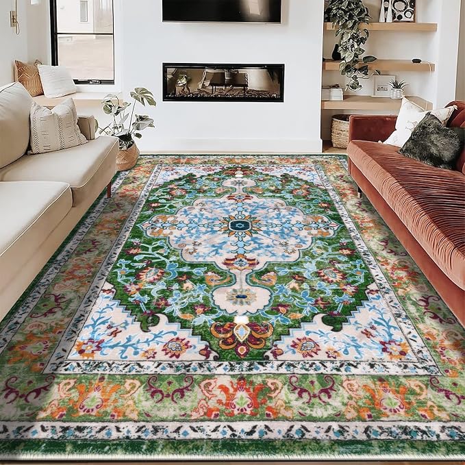 U'Artlines Boho Vintage Area Rug 6x9 Machine Washable Carpet, Green | Low Pile, Non Slip, Ultra-Thin Soft Floor Carpet, Accent Rug for Living Room Bedroom Dining Room Office