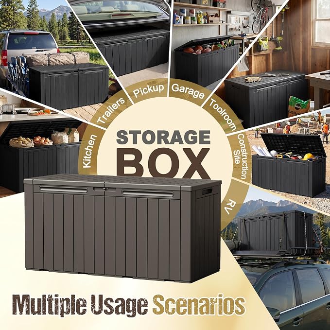 110 Gallon Deck Box Outdoor Indoor Waterproof Storage Box for Patio Furniture, Pool Accessories, Garden Tools, and Cushion Storage, Brown