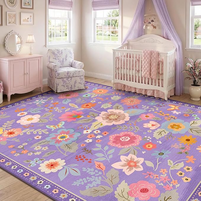 RELEANY Floral Washable 8x10 Area Rugs Purple/Pink | Flower Carpet, Print, Boho, Non-Slip, Easy to Clean, Soft, Low Pile for Living Room Bedroom Kitchen Office Entryway Hallway