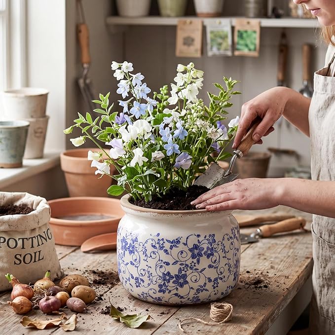 7.7" Large Vintage Ceramic Plant Pot Blue White Country Crackle Glaze Pot Rustic Morning Glory Flowers Planter with Drainage for Indoor Outdoor Plants Kitchen Office Home Decor Gift
