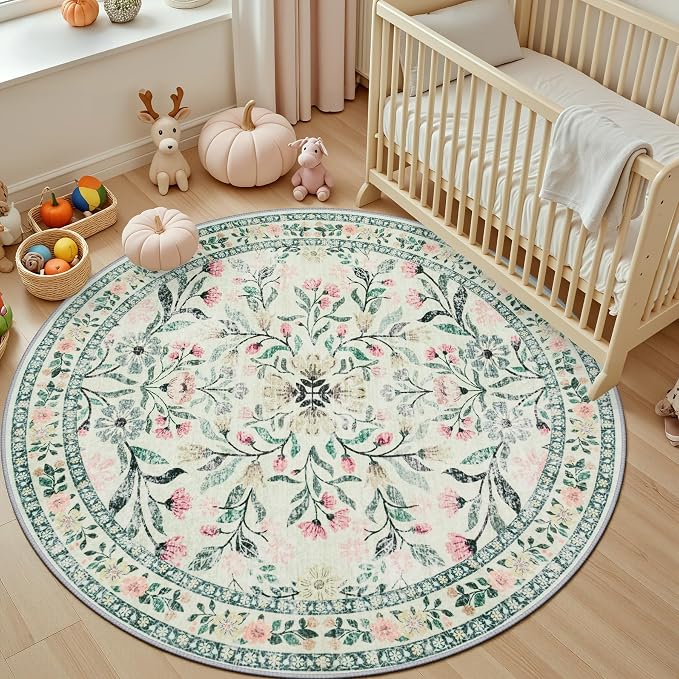 PLHXFR Round Area Rug Living Room: 4 ft Floral Washable Carpet Green Beige | For Bedroom Dining Room Farmhouse Nursery Hallway,Vintage Floral,Machine washable,Non Slip,Stain Resistant,Large Indoor