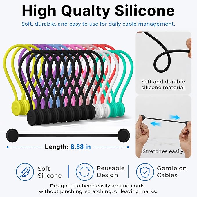 COOLMI Magnetic Cable Ties 24 Pack, 6.88 Inch Reusable Silicone Cord Organizer Wraps, Magnetic Cable Straps for Charging Cords, USB Cables, Earbuds, Travel, Black & Assorted Colors