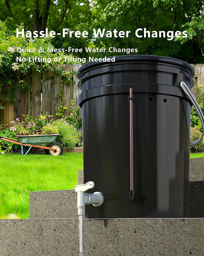2 Buckets 5 Gallon DWC Hydroponic System, Built-in Drain Tap, Top Drip Kit with 12W 4-Outlet Air Pump, Rockwool, Clay Pebbles & Air Stones for Tomato Pepper Large Indoor Plants