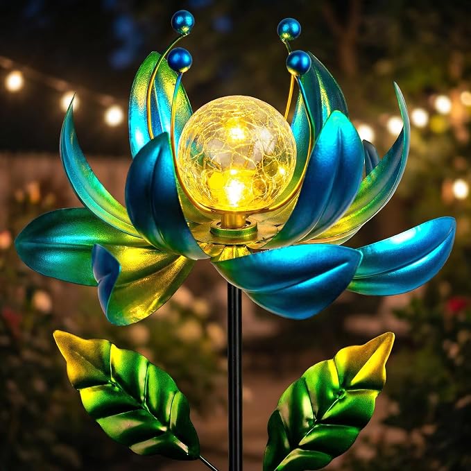 38-Inch Solar Wind Spinner Outdoor, Metal Kinetic Lotus Yard Art with Glass | Glowing Crackle Glass Light And Rotating Lotus Petals Create Eye-Catching Yard Art For Patios, Lawns And Garden Pathways