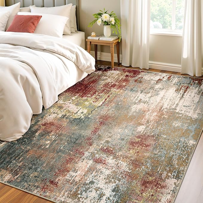 RELEANY Washable 4'x6' Abstract Area Rug for Living Room Rustic Brown | Carpet for Bedroom, Kitchen, Office, Hallway and Entryway, Printed Pattern, Non‑Slip, Soft, Stain‑Resistant, Easy to Clean