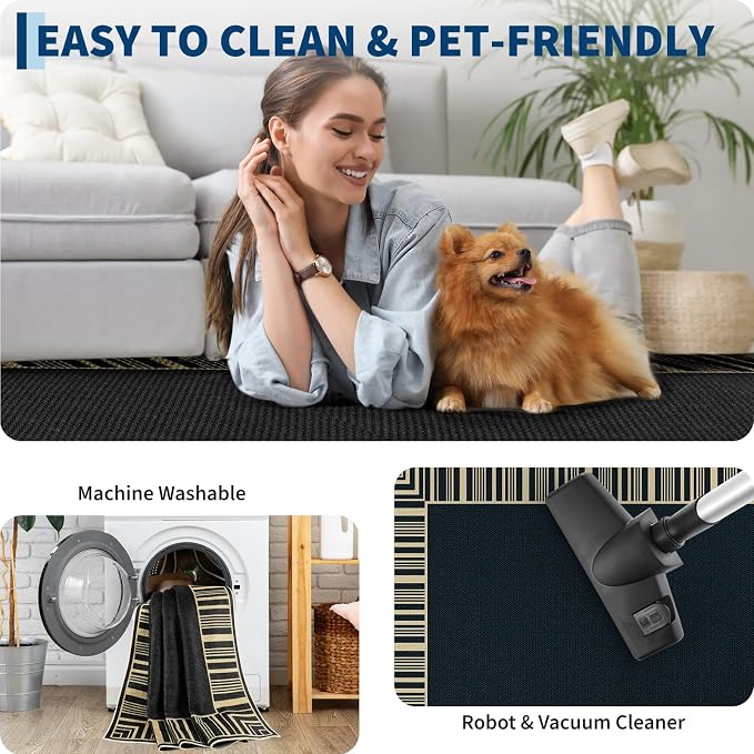 COZYLOOM Indoor Outdoor Rugs 8x10 Modern Easy Jute Washable Area Rug,Black | Non Slip Neutral Bordered Non Shedding Stain Resistant Foldable Rug for Living Room Dining Room Bedroom Patio Backyard