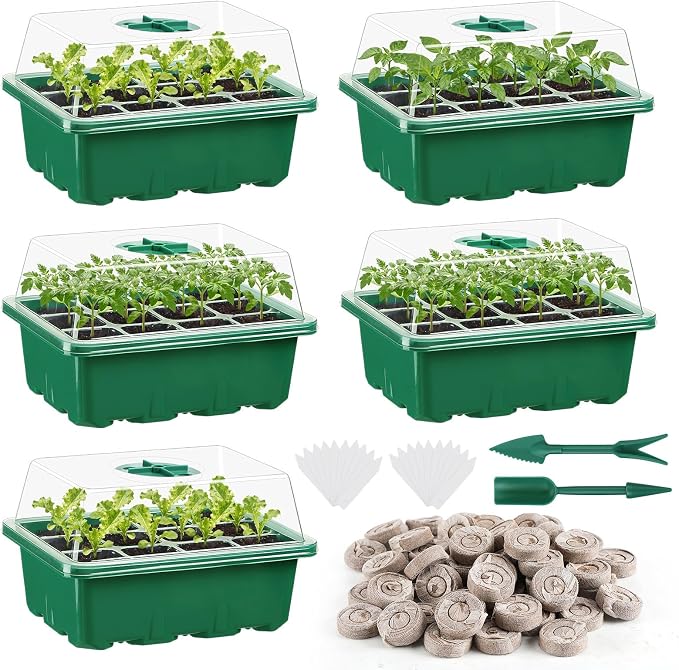 Apipi 5 Pack Seed Starter Kit with 60 Coco Coir Pellets - 60 Cell Seed Starter Trays with Domes for Indoor Greenhouse Germination, Home Gardening System for Vegetables/Herbs/Flowers