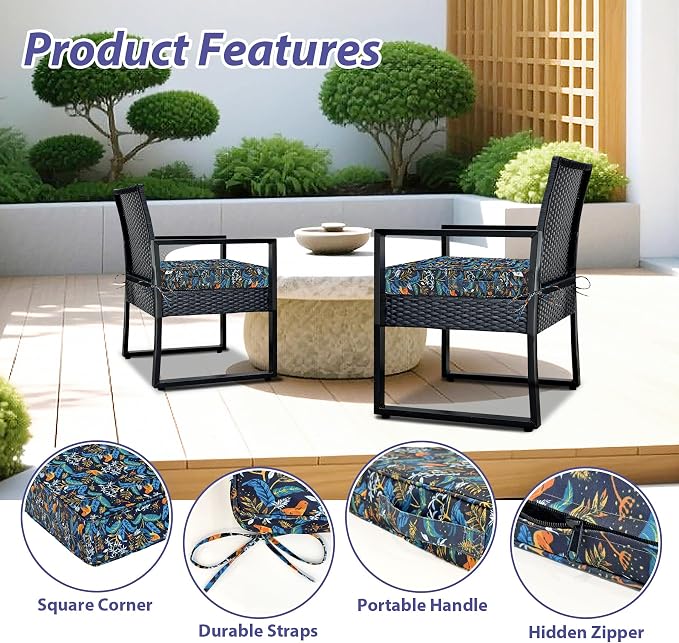 IPYNBAP Outdoor Chair Cushions Set of 4 -Waterproof Outdoor Seat Cushions for Patio Furniture, Patio Chair Cushion with Handle and Ties, Out Door Chair Pads,17x16x2-Square, Black Nightingale