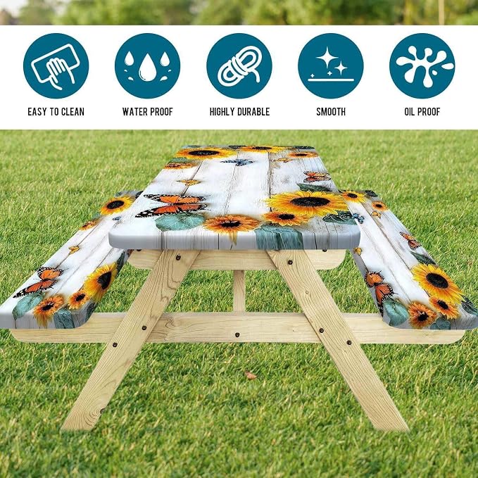 Picnic Table Cover with Bench Cover, Outdoor Patio Camping Essentials Farmhouse Sunflower Table Covers with Elastic Waterproof Camping Tablecloth with Drawstring Bag, 60In 3PCS