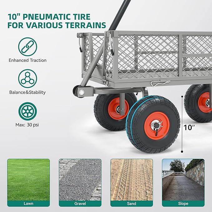 Heavy Duty Garden Cart, 900 lb Steel Wagon with All Terrain Tires | Removable Sides Become Flatbed, 180° Rotating Handle,for Yard, Garden, Hauling