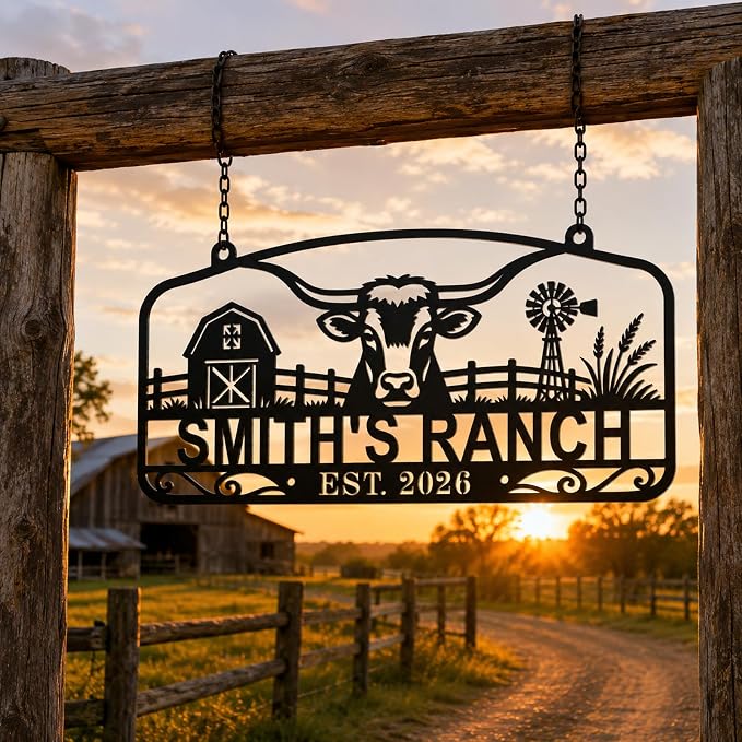 Personalized Ranch Metal Sign, Custom Farm Name Sign with Cattle Design, Rustic Farmhouse Wall Decor for Barn, Porch, Entryway, Ranch Gate, Housewarming Gift