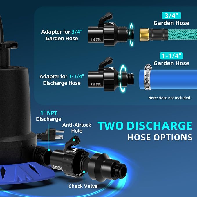 Automatic Pool Cover Pump, 1/4 HP, 1800 GPH, Check Valve, 25 FT Cord | 115V Nylon Pump Starts At 2 In And Stops At 3/8 In, Adapter Fits 3/4 In Garden Hose And 1-1/4 In Drain Hose, A Rope Included