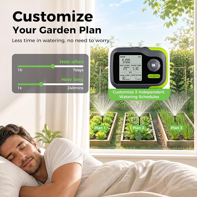 Sprinkler Timer, Brass Inlet Programmable Watering Timer for Garden Hose Fits 3/4” US Faucet, Outdoor Auto& Manual Hose Timer w/Rain Delay& Lock, Dirp Irrigation for Lawn, Yard, 2 Outlets