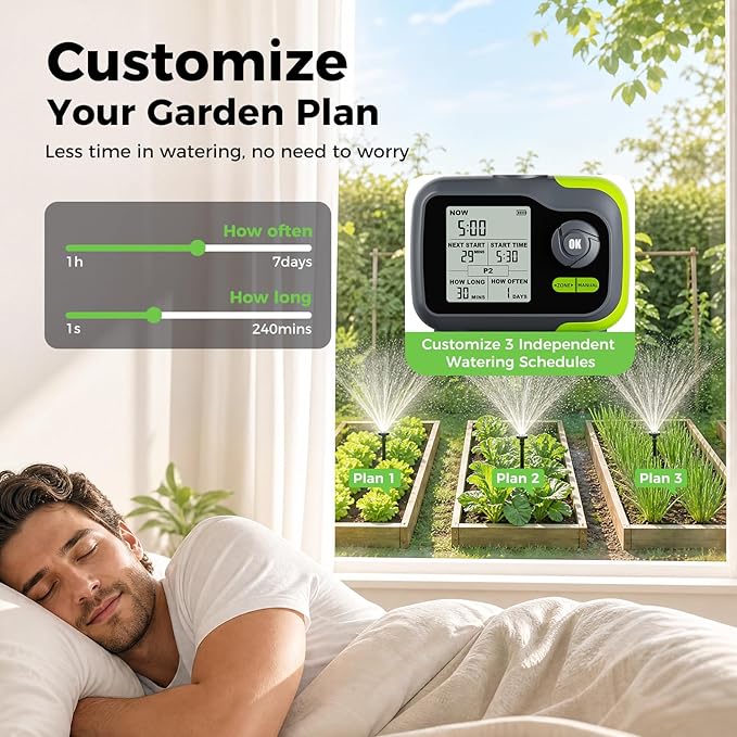 Sprinkler Timer, Watering Timer for Garden Hose, 2 Outlets Programmable Hose Timers with Rain Delay, Outdoor Soaker Auto & Manual Drip Irrigation Controller System for Lawn Yard Greenhouse