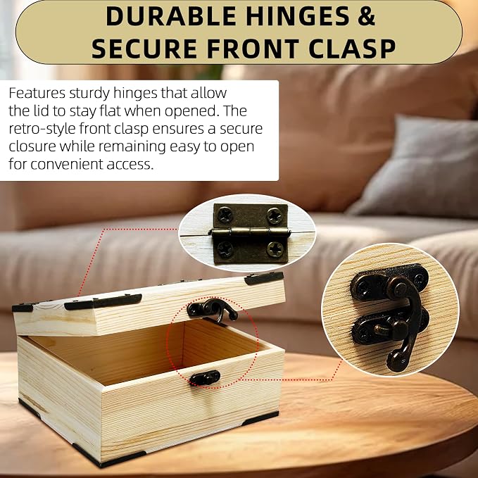 6.7"x5.1"x3.1" Unfinished Unpainted Wooden Box with Hinged Lid for Crafts DIY, Storage Jewelry Plain Pine Box with 4 Pcs Retro Style Decorative Corner Protectors