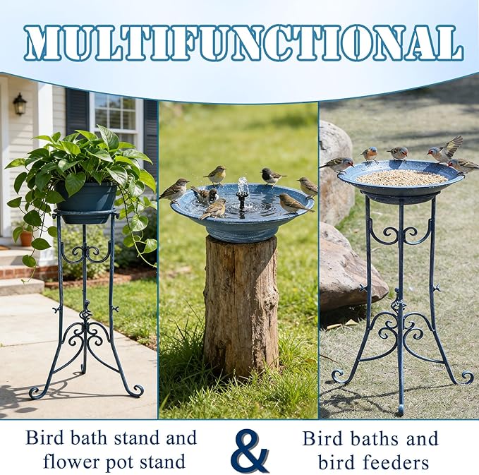 Multifunctional Solar Bird Bath for Outside, Metal Birdbath Stand and Solar Fountain Bird Bath Bubbler Combo Set, Solar Birdbaths for Outdoors Garden Lawn Yard Decor（Blue）