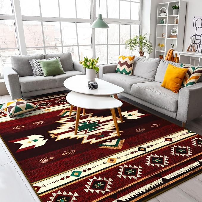 BENRON Western Rugs for Living Room Bedroom 5x7, Non Slip Area Rugs, Red | Southwest aztec Rustic Rugs for Dining Table Kitchen Home Decor, Washable