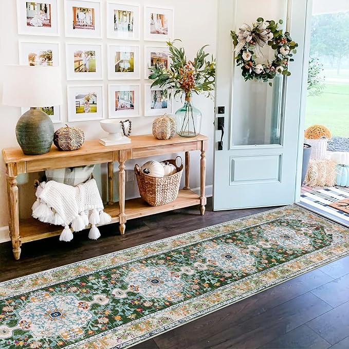U'Artlines 2.6' x 14' Extra Long Boho Hallway Runner Rug, Green | Non Slip Washable Vintage Farmhouse Accent Area Rug Carpet for Kitchen Entryway Laundry and Living Room
