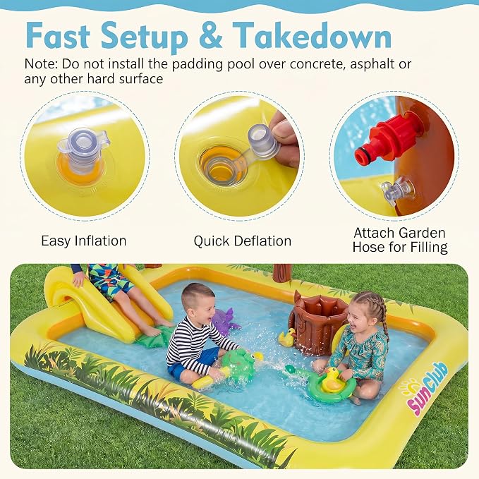 GLACER Kiddie Pool with Slide, Baby Pool with 11 Jungle Animal Toys | Inflatable Play Center with Arch Sprinkler, Repair Patches, PVC Outdoor Toddler Splash Pad for Backyard, Garden and Poolside