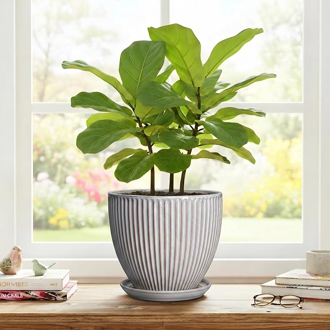 Ceramic Planters for Plants, 8 Inch Flower Pot with Drainage Hole and Saucer, Round Plant Pots for Indoor Plants, Modern Decorative Planter, Home Garden Decor, Gifts for Plant Lovers, Grey